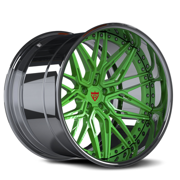 Custom forged 2-piece green Jeep Wrangler wheel design for a unique off-road look.